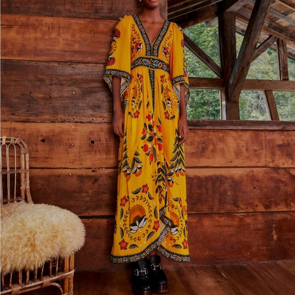 Farm Rio Yellow Tropical Tapestry Kaftan Dress - Picture 2 of 4